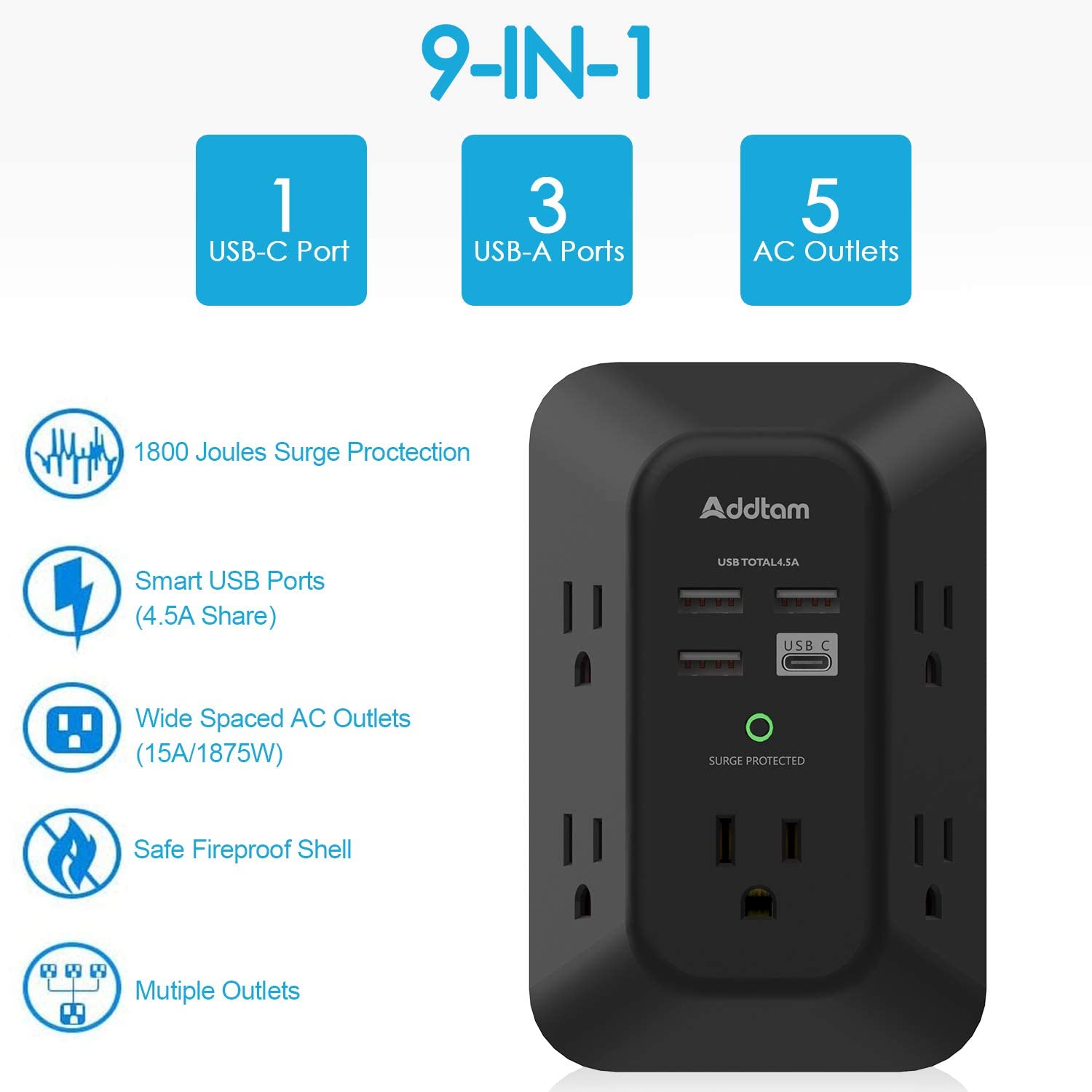 Addtam USB Wall Charger Surge Protector