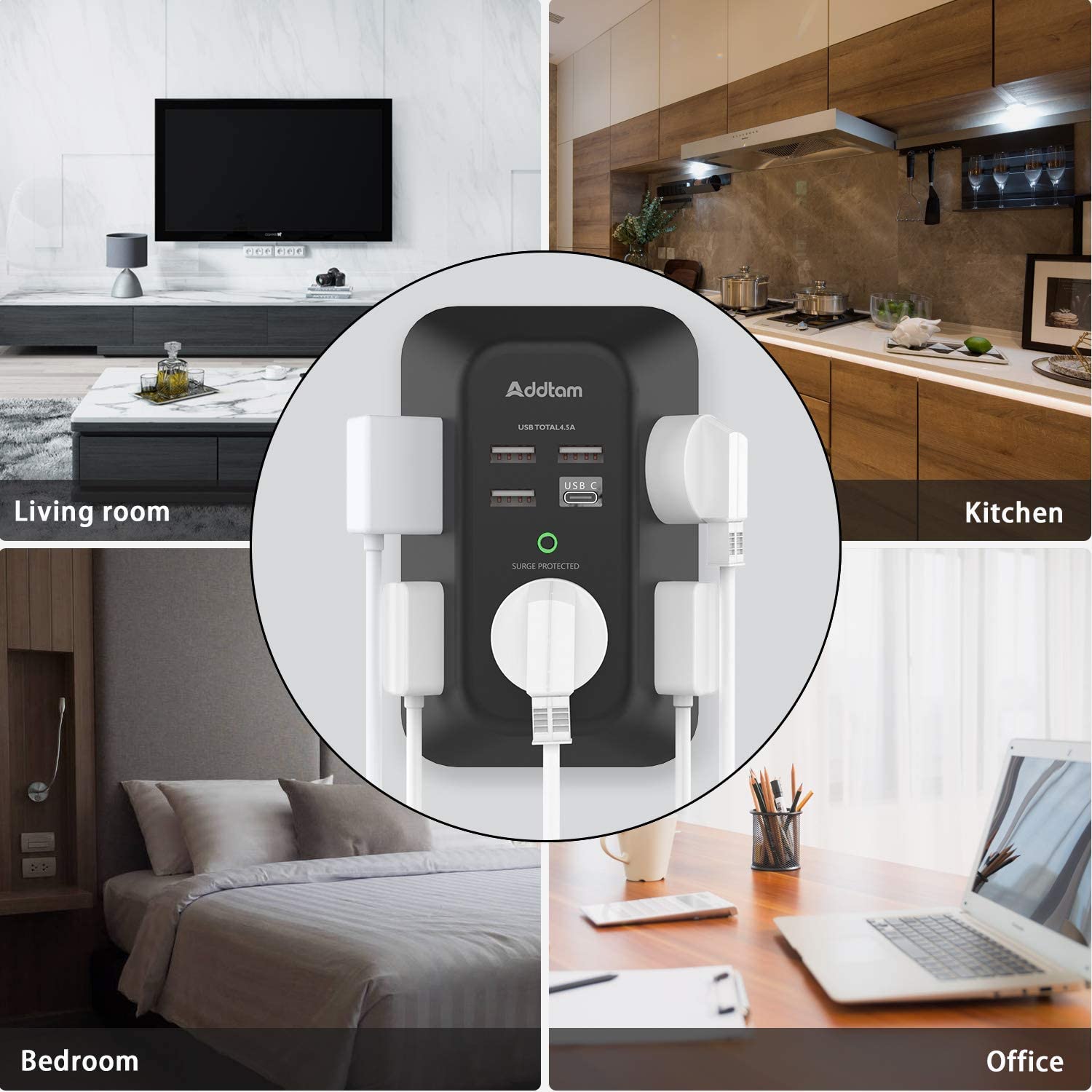 Addtam USB Wall Charger Surge Protector