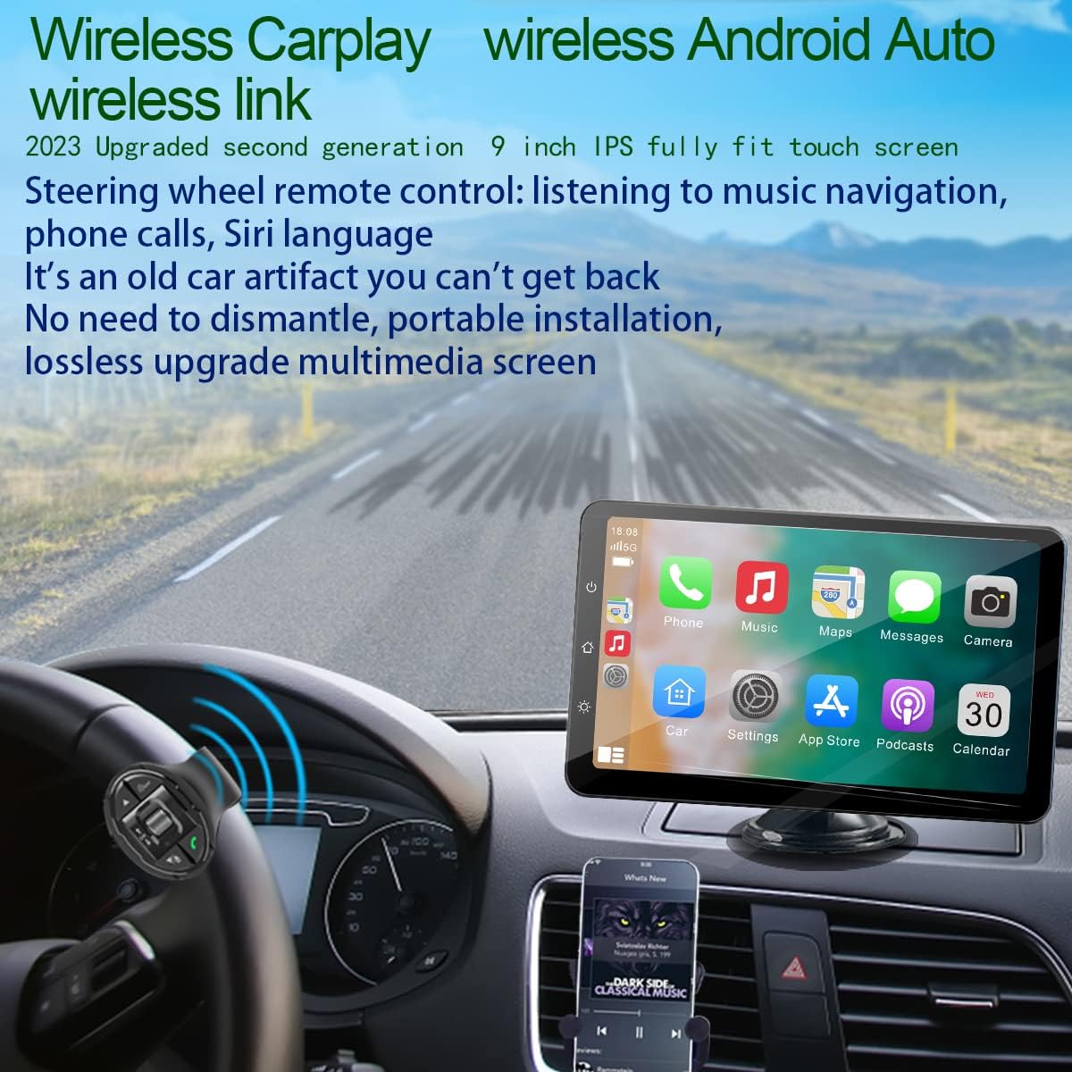 2023 9"IPS Portable Wireless Carplay and Android Auto