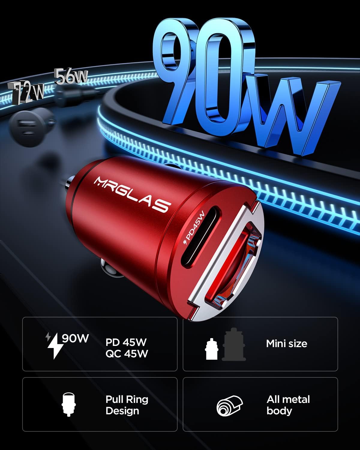 Super Mini Metal 90W USB C Fast Car Charger